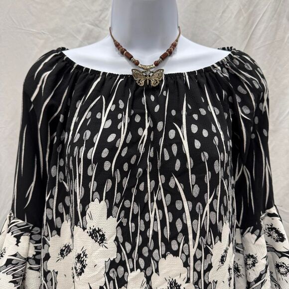 Boho Floral Bell Sleeve Blouse Off Shoulder Peasant Top - Picture 3 of 6